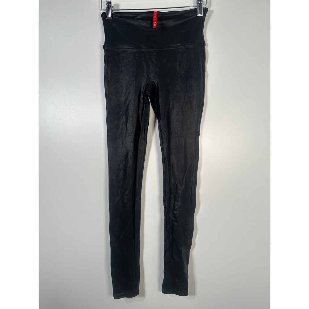 Spanx Faux Leather Black Solid Leggings High Waist Moto Chic Small